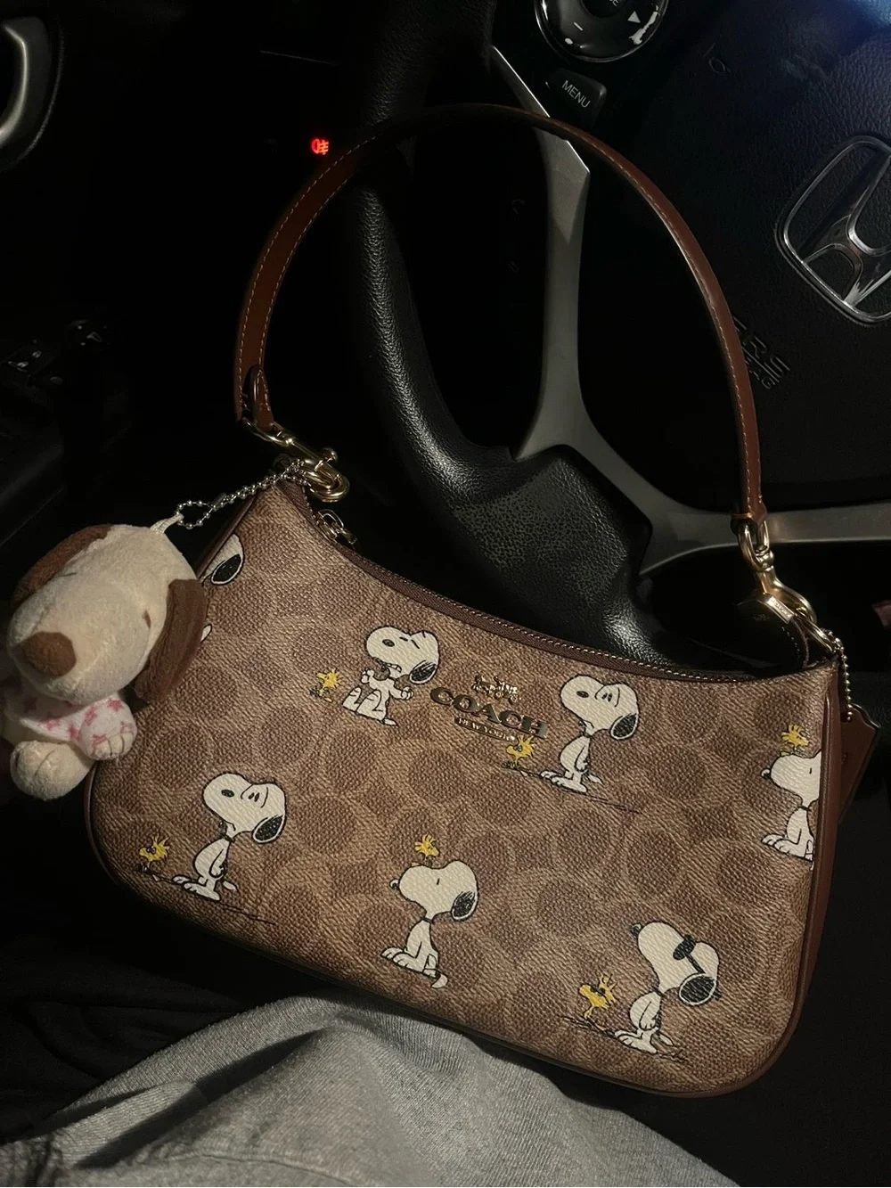 Coach Brown Signature Canvas Shoulder Bag with Snoopy Print
